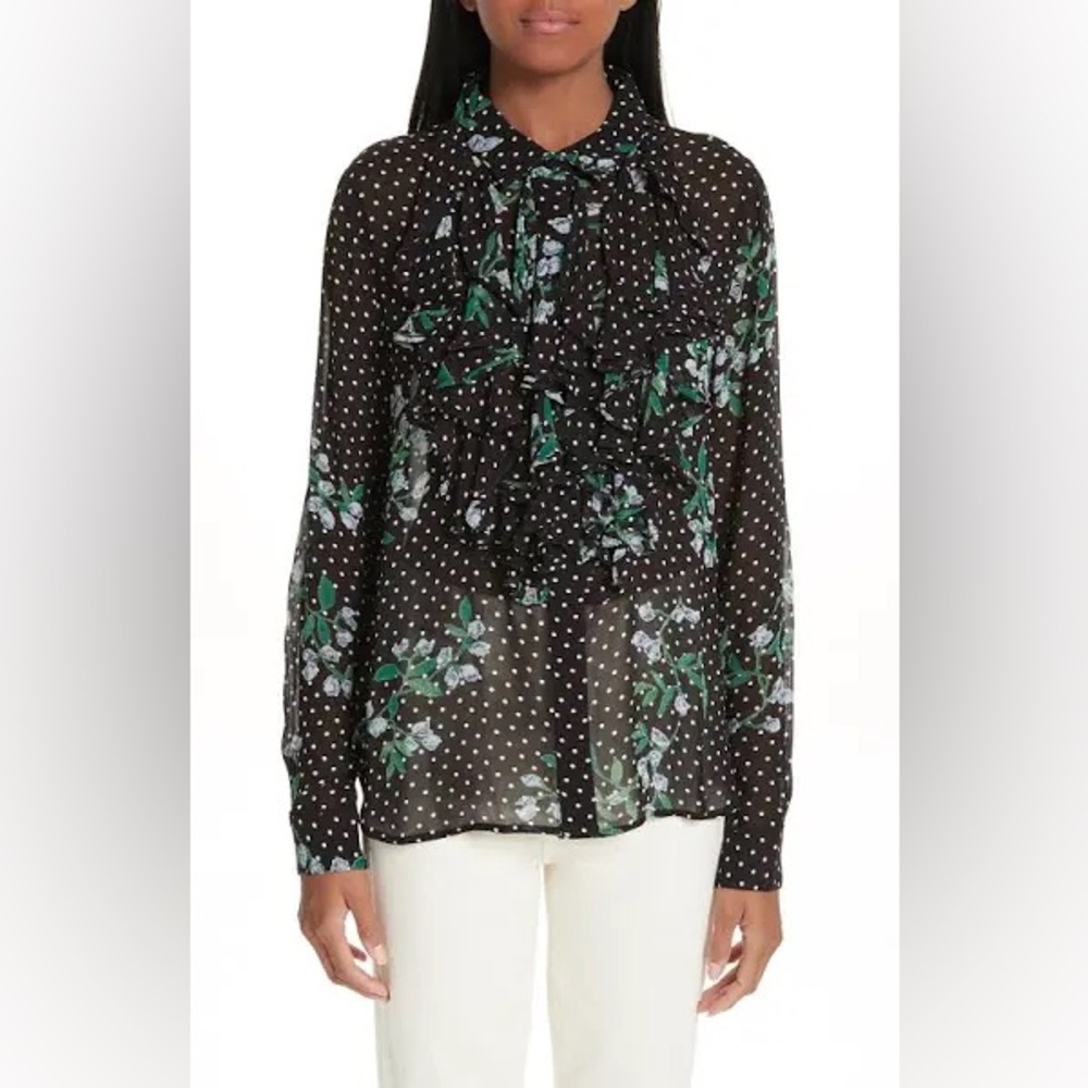 GANNI Black and Blue Floral Sheer Button Front Blouse Silk Size EU 36